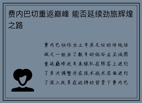 费内巴切重返巅峰 能否延续劲旅辉煌之路