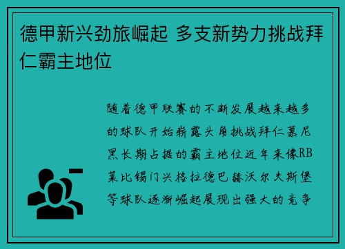 德甲新兴劲旅崛起 多支新势力挑战拜仁霸主地位