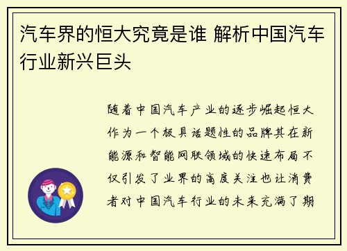 汽车界的恒大究竟是谁 解析中国汽车行业新兴巨头