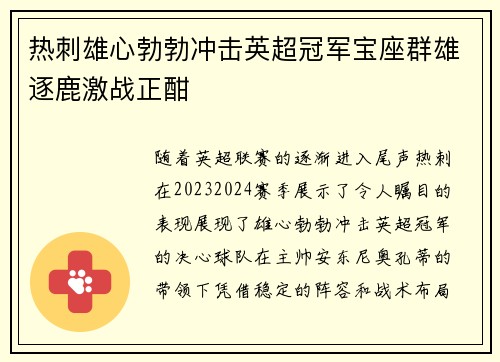 热刺雄心勃勃冲击英超冠军宝座群雄逐鹿激战正酣
